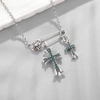 Collier pendentif double croix K Luo avec diamants colorés, style vintage hip-hop, chaîne de pull pour couple