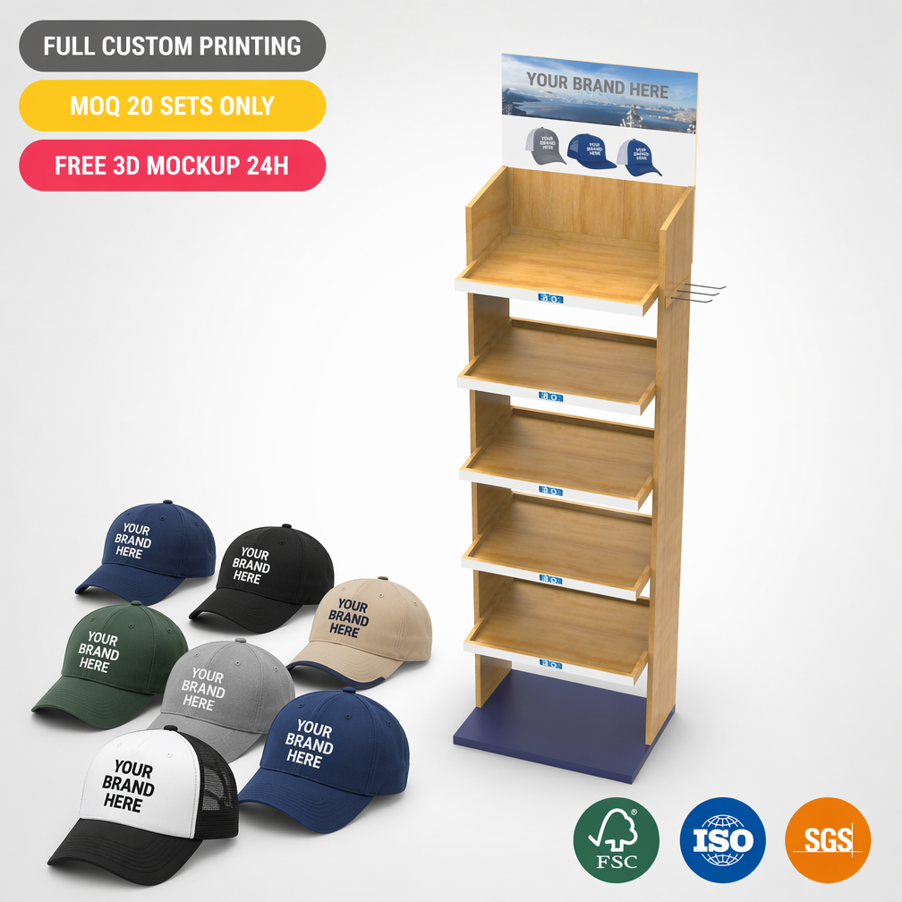Plywood Floor Hat Display Stand 5-Tier Angled Shelves Custom Logo Header Retail Cap Rack for Clothing Boutique Souvenir Shop