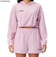 Conjunto de 2 Piezas para Mujer, Talla Grande, Verano, Top Corto de Manga Larga para Gimnasio, Pantalones Cortos Deportivos de Cintura Alta, Ropa Holgada para Yoga