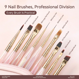 Ensemble de 9 pinceaux pour nail art, manche hexagonal ABS nacré, anti-roulement, poils durables, pour liner, gel et peinture, fournitures de manucure - Product Image 1