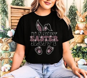 Topz Factory 100% Cotton Black Rhinestone <strong>Easter</strong> Rabbit Printed Oversize <strong>T</strong>-<strong>shirt</strong> Premium Ready Design Casual Style - Product Image 1