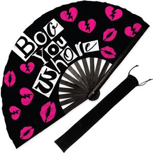 Éventail pliant rose de 13 pouces avec motif lèvres cassées, éventail à main en bambou, grand éventail pliable, éventail de rave avec texte original pour festival - Product Image 1