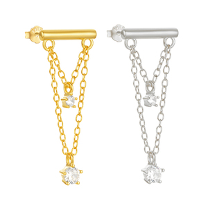 18K Gold Plated 925 Sterling Silver Zircon Double Layered Tassel Length <b>Chain</b> Diamond Ear <b>Stud</b> Womens <b>Earrings</b> - Product Image 1