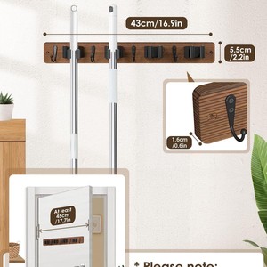 Support mural en bois de 43 cm avec crochets sans perçage pour balais, serpillères et portes de salle de bain - Product Image 1