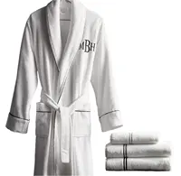 Wholesale Customized Logo Shawl Collar Piped Bath Robe 100% Cotton Hotel Terry cloth Spa Bathrobe with Black Piping