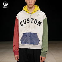 Sweat à capuche Hip Hop surdimensionné Gravvi en molleton 100 % coton épais, imprimé colorblock, patchwork, délavage vintage, fermeture éclair, logo personnalisé