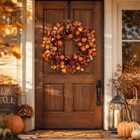 Couronne d'Halloween faite à la main, directement de l'usine, avec des feuilles artificielles de citron, de baies et de citrouilles pour la décoration de la maison, de la porte, de l'intérieur, de l'extérieur et des fêtes