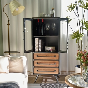 Custom Home Furniture Industrial Design <b>Living</b> <b>Room</b> Antique Book Storage Metal Iron <b>Wood</b> <b>Cabinet</b> with 3 Drawers and Glass Door - Product Image 3