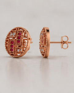 925 Sterling Silver Rose Gold Plated Vintage Round Stud <b>Earrings</b> with Ruby <b>Red</b> Cubic Zirconia and White CZ Geometric Filigree - Product Image 3