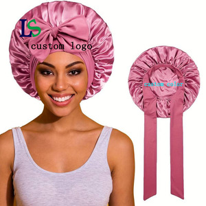 <span class=keywords><strong>Bonnet</strong></span> de nuit en satin de luxe avec logo personnalisé, bande tressée et large bande réglable à nouer pour cheveux - Product Image 1