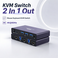 2 Port HDMI KVM Switch dengan 4 USB 3.0, untuk 1 Monitor & 2 PC, 4K 60Hz Copy/Extend/Splicing, Termasuk Pengontrol Tombol