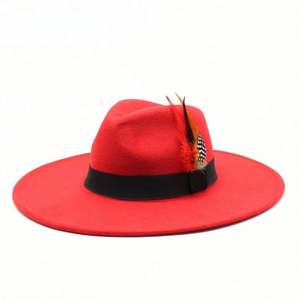 Sombrero Clásico de Ala Ancha de Fieltro para Exteriores, Sombreros Fedora para Mujer al por Mayor 2022 con Cinturón de Plumas - Product Image 3