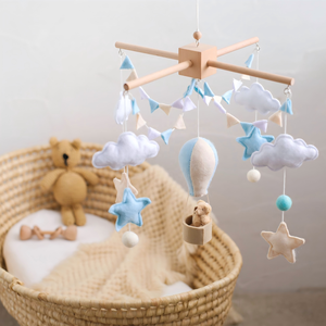 Mobile <span class=keywords><strong>musical</strong></span> pour berceau en bois, avec étoiles, lunes, ballons et décoration montgolfière, jouet doux - Product Image 5