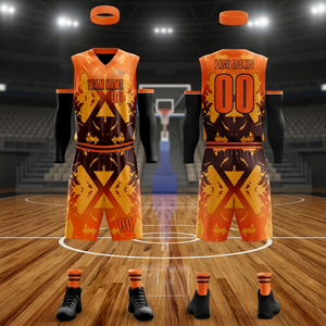 Ensemble de maillots de basket-ball sublimés personnalisés, col en V, sans manches, 100% polyester, évacuation de l'humidité, nom de l'équipe PACE SPORTS 00, orange et noir - Product Image 2