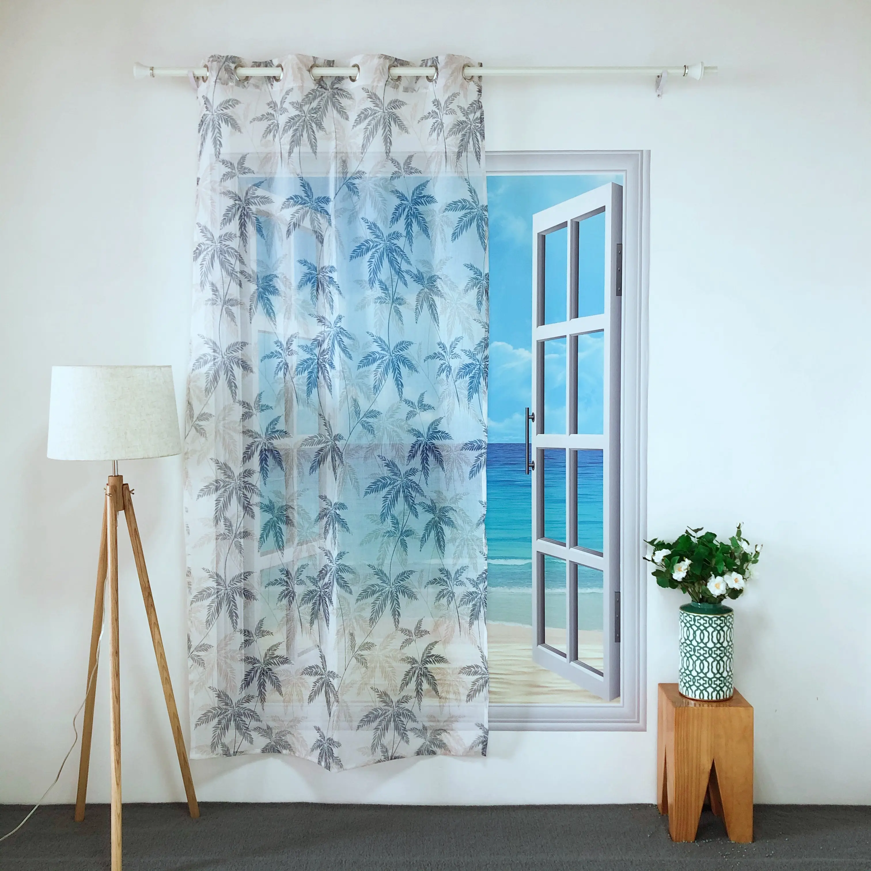 NICE SIMPLE DESIGN POLYESTER PLAIN VOILE DOLLY COCONUT TREES BRANCHES PRINTING SHEER PANEL CURTAIN GOOD PRICE PT-30 TULLE