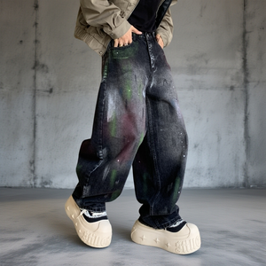 Jeans baggy à jambes larges pour homme, personnalisés OEM, denim noir délavé, effet éclaboussures de peinture, style streetwear, pantalon de skater - Product Image 3