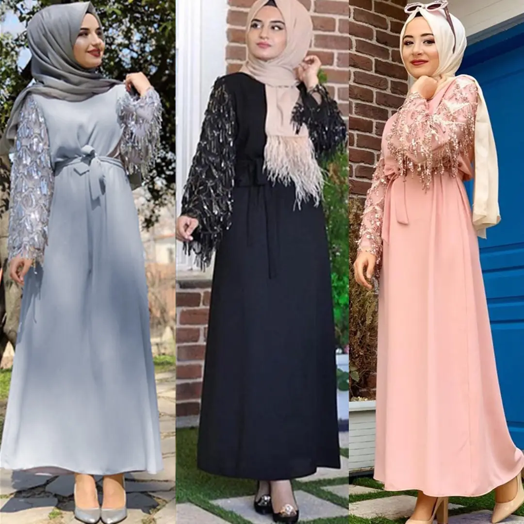 Großhandel Dubai Bestseller Monsun Islamische Kleidung Naher Osten Quaste Pailletten Abaya Frauen Muslimisches Kleid Geschlossen Abaya