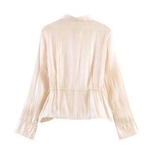 Camicetta da donna 2026 in raso metallizzato plissettato <span class=keywords><strong>con</strong></span> <span class=keywords><strong>cintura</strong></span>, camicia elegante in raso lucido a maniche lunghe, top casual da ufficio alla moda - Product Image 4