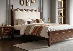 Premium <b>Queen</b> <b>Size</b> Scalloped Upholstered <b>Bed</b> With Spindle Posts & Nailhead Trim For Bedroom - Product Image 3