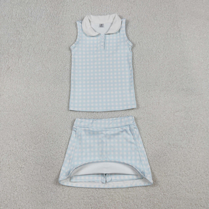 Conjunto de Ropa de Yoga para Niñas RTS, Chaleco a Cuadros Azul Claro, Falda y Pantalones Cortos, para Verano - Product Image 1