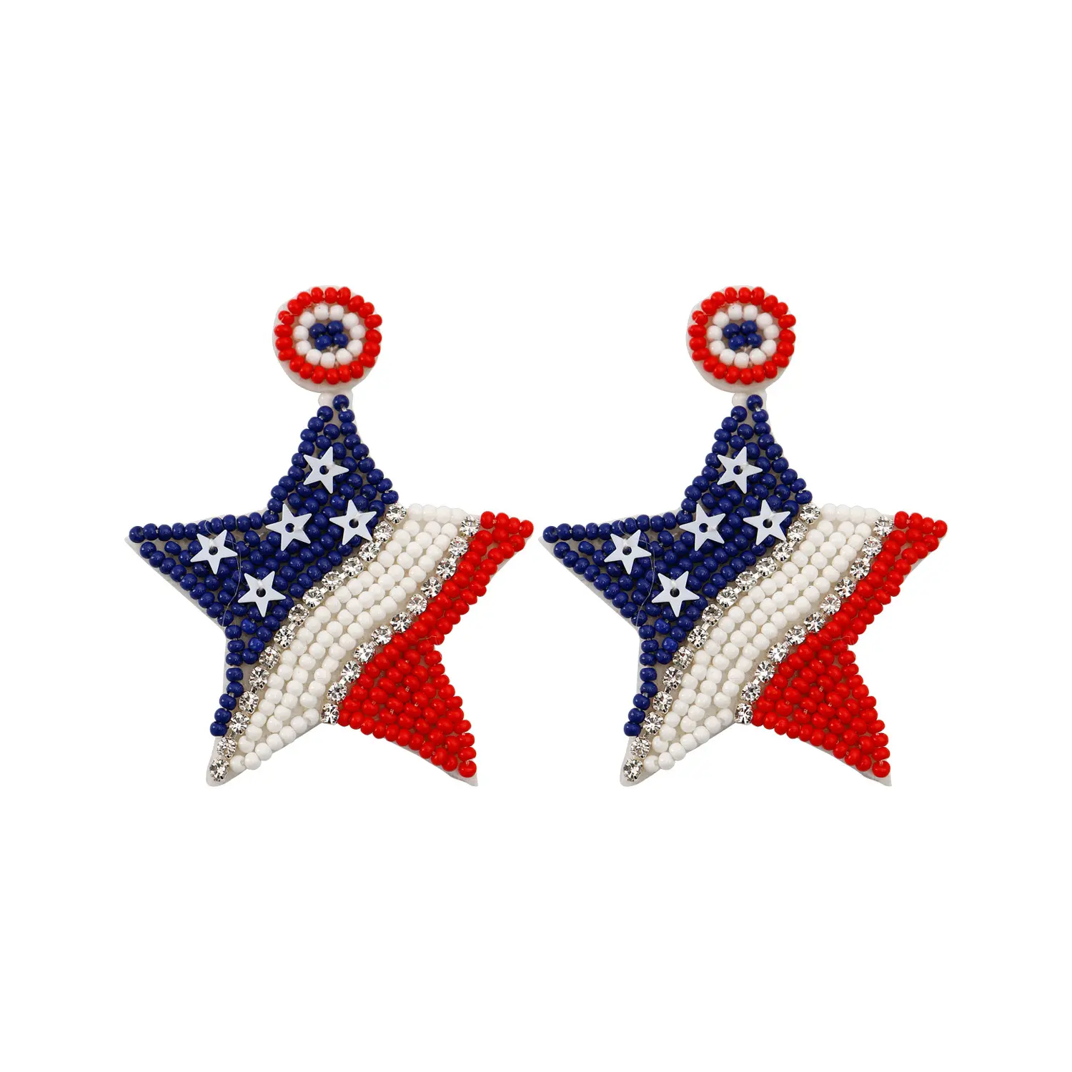 Vintage Bohemian Ethnic Statement Handmade USA Independence Day Rhinestone Bead Star Earrings