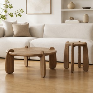 Rustic Sculptural Wooden <strong>Nesting</strong> <strong>Table</strong> Set, Round Coffee <strong>Table</strong> &amp; Wabi Sabi Side <strong>Table</strong> for Living Room - Product Image 1