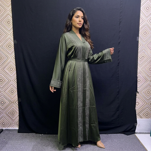 New Dubai Women's Olive <b>Green</b> <b>Silk</b> V Neck Beaded Long Sleeve Abaya Dress Floor Length Loose Elegant Robe - Product Image 2