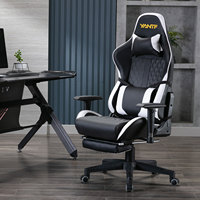 Chaise de bureau pivotante ergonomique en cuir PU et PVC, style racing, avec repose-pieds rétractable, blanche