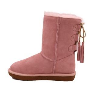 <span class=keywords><strong>Botas</strong></span> de Nieve para Niños al por Mayor ODM/OEM, Color Oro Rosa con Lazo Morado y Decoración de Perlas, Forro de Piel Sintética Cálida, Suela Antideslizante - Product Image 1