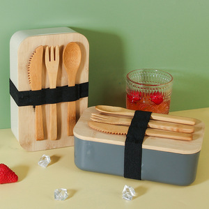 Bamboo Cutlery <b>Set</b> Reusable Wooden Knife Fork Spoon Portable Outdoor <b>Lunch</b> Box Student Tableware 800-1000ml - Product Image 3