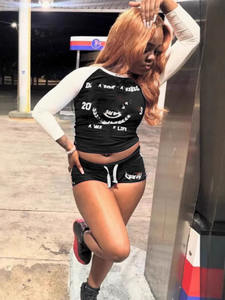 ホットプリント2ピースショーツセット長袖クロップトップショーツカジュアル2ピースセットストリートウェア - Product Image 5