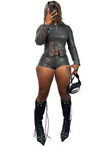 HR25102 女式2026冬/春季新款立领机车夹克套装双拉链上衣和短裤两件套 - Product Image 4