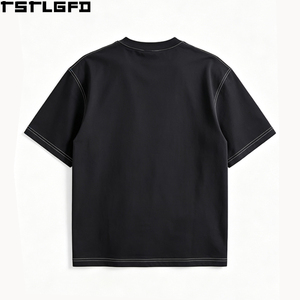 Oem Odm Contrast Stitch <b>T</b> <b>Shirt</b> Men Black Crew Neck Oversized Drop Shoulder Chest <b>Pocket</b> Streetwear Y2K Casual Wholesale Bulk - Product Image 4