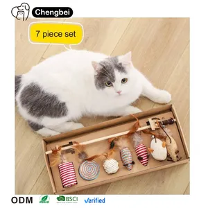 Interactive Cat Toy Set Mouse Toy Wooden Gift Box Hot Selling 7pcs Cat Teaser Wand Cat Funny