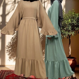 9.9USD High Quality Women Dress Special Pleated Sleeves Round Neck Back Zipper With Belt Casual Elegant Abaya Dress - Product Image 2