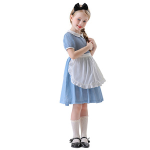 Robe de princesse Alice, costume de demoiselle d'honneur en vichy bleu pour filles de 8 à 13 ans, tenue de cosplay de scène avec tablier et bandeau - Product Image 3