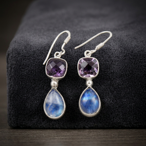 Akratijewels Inc. Elegantes Pendientes Colgantes de Plata de Ley 925 con Baño de Rodio, con Amatista Natural y Piedra Lunar Arcoíris - Product Image 3