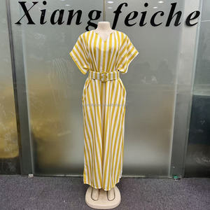 Nouvelle Robe Décontractée Femme 2026 à Rayures Verticales Rose et Blanches, Col en V, Manches Courtes, Ceinture Ajustable, Coupe Ample, Style Boubou Caftan Imprimé Africain - Product Image 2