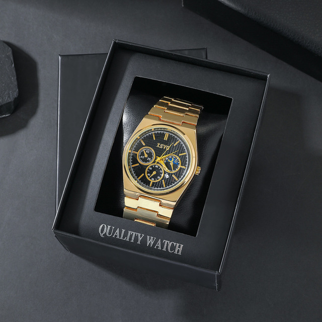 Men's quartz watch with gold steel band and three-eye business wristwatch