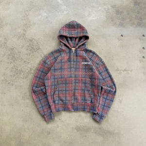 Nouvelle veste zippée thermique en molleton gaufré pour homme, design vintage délavé, imprimé à carreaux, avec capuche en tricot gaufré - Product Image 1