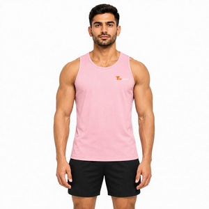 Camiseta sin mangas rosa para hombre, cuello redondo, deportiva, de secado rápido, poliéster, para entrenamiento, gimnasio, con logo impreso en la parte delantera. - Product Image 1
