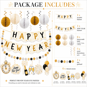 Nouvel Ensemble de Décoration de Fête Blanc et Or pour le Nouvel An – Bannière Joyeux Nouvel An, Ornements Spirales Suspendus, Pompons en Papier, Décoration de Scène – Vente en Gros - Product Image 2