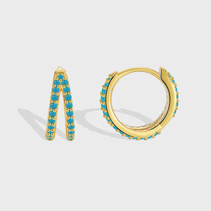 Boucles d'oreilles créoles tendance pour femme, plaquées or 14K PVD, double couche or 18K, avec zircon serti en canal et alliage turquoise, idéales pour un cadeau de mariage - Product Image 3