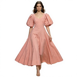 Elegante Vestido Midi Rosa con Mangas Abullonadas para Mujer, Cuello Corazón, Tejido de Algodón, Verano/Primavera, Informal, Transpirable, para Fiesta - Product Image 2