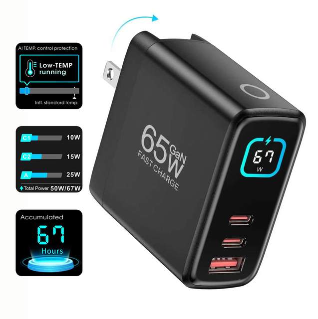 HYTO 65W USB C Charger Block,3-Port GaN III Fast Charging Block with Foldable Plug with Screen, Portable Fast Power Adapter