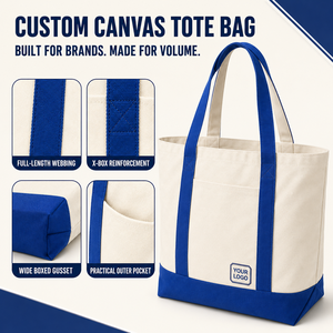Custom Heavy Duty Color Block Webbing Handles Wide Boxed Gusset Front Pocket Royal Blue Trim Bulk Wholesale Canvas Tote Bag