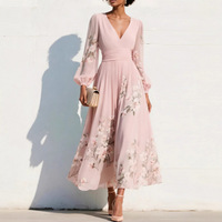 Robe longue élégante à manches bouffantes, imprimé floral, col en V, avec ceinture à volants, pour femme, livraison rapide, en stock