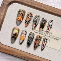Faux ongles à presser en gros, faits main, couleur caramel, forme longue, en acrylique, avec accents citrouille pour Halloween