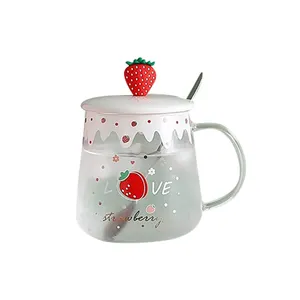 High quality cute glass milk cup drinking cup glass mug with lid and strawberry decoration