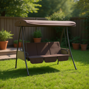 Columpio de Jardín Color Café con Toldo para 3 Personas, Muebles de Patio de Ratán PE con Cojín Impermeable - Product Image 2